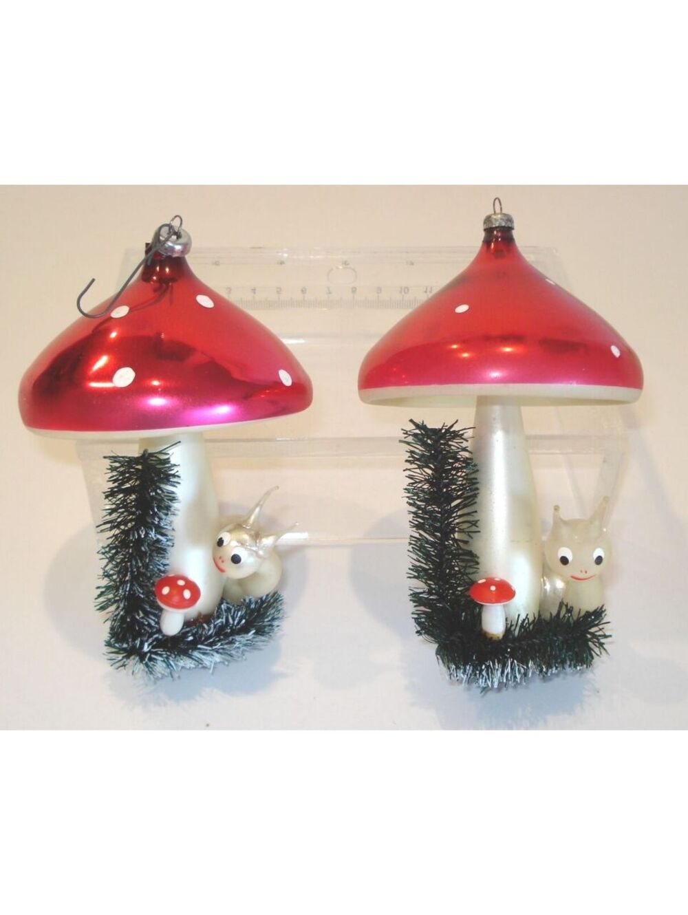 2 Vintage Mushroom W/ Snail Red & White Glass Christmas Ornaments TBD De Carlini
